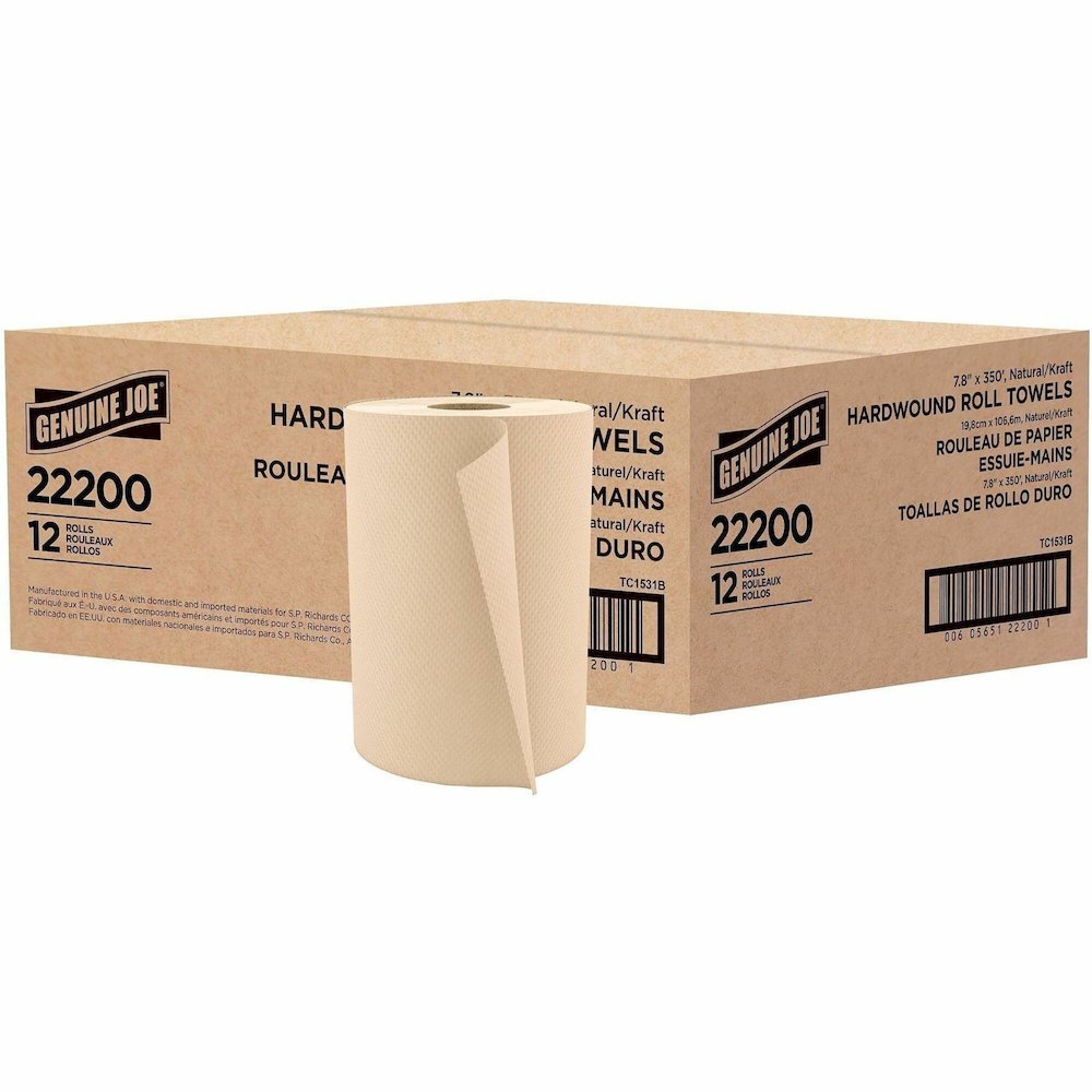 Genuine Joe Embossed Hardwound Roll Towels - 7.87" Width x 350 ft Length - 2" Core - Natural - 12 / Carton. Picture 1