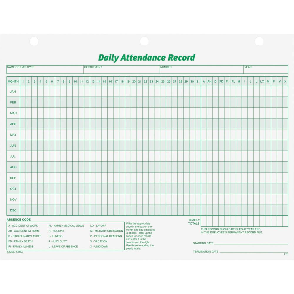 TOPS Daily Employee Attendance Record Form - 50 Sheet(s) - 11" x 8.50" Sheet Size - 3 x Holes - White - White Sheet(s) - Green Print Color - 50 / Pack. Picture 1
