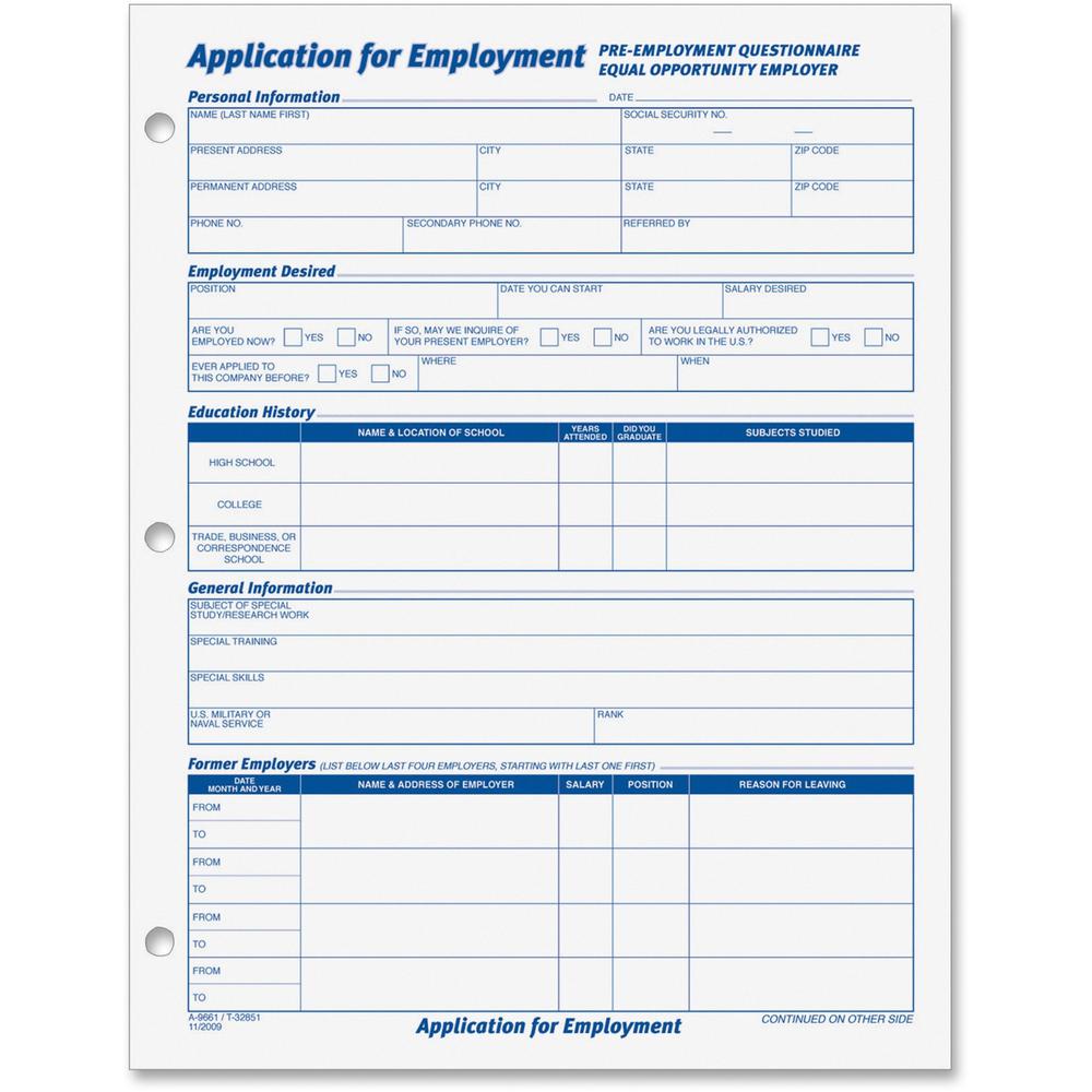 TOPS Employment Application Forms - 50 Sheet(s) - Gummed - 8.50" x 11" Sheet Size - White - White Sheet(s) - Black Print Color - 2 / Pack. Picture 1