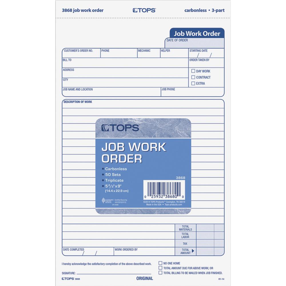TOPS Carbonless 3-Part Job Work Order Forms - 3 PartCarbonless Copy - 5.50" x 8.50" Sheet Size - Assorted Sheet(s) - Black Print Color - 50 / Pack. Picture 1