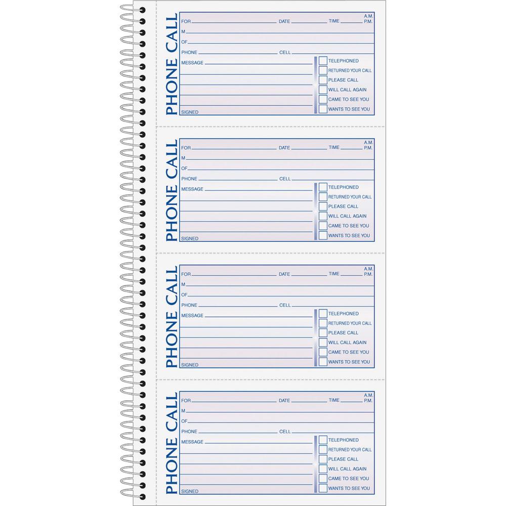 TOPS Carbonless Phone Message Book - Double Sided Sheet - Spiral Bound - 2 Part - Carbonless Copy - 5.50" x 11" Sheet Size - White - Assorted Sheet(s) - Blue, Red Print Color - 1 Each. Picture 1