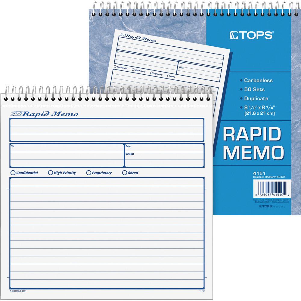 TOPS Rapid Memo Book - Spiral Bound - 2 PartCarbonless Copy - 8.50