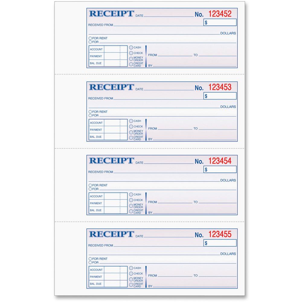 TOPS Money/Rent Receipt Book - 3 Part - Carbonless Copy - 2.75" x 7.25" Sheet Size - Assorted Sheet(s) - Blue Print Color - 1 Each. Picture 1