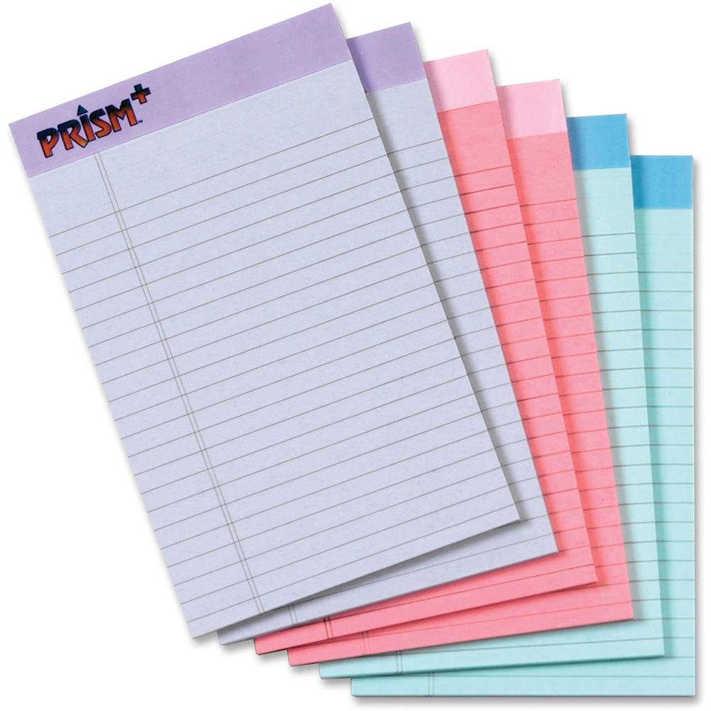 TOPS Prism Plus Legal Pads - Jr.Legal - 50 Sheets - 0.28" Ruled - 16 lb Basis Weight - Jr.Legal - 5" x 8" Sheet Size - Assorted Paper - Perforated, Hard Cover, Rigid, Easy Tear - No - 6 / Pack. Picture 1