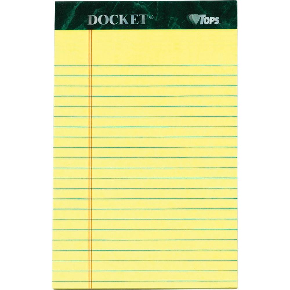 TOPS Jr. Legal Rule Docket Writing Pads - 50 Sheets - Double Stitched - 0.28" Ruled - 16 lb Basis Weight - Jr.Legal - 5" x 8" Sheet Size - Canary Paper - Hard Cover, Perforated, Easy Tear, Sturdy Back. Picture 1