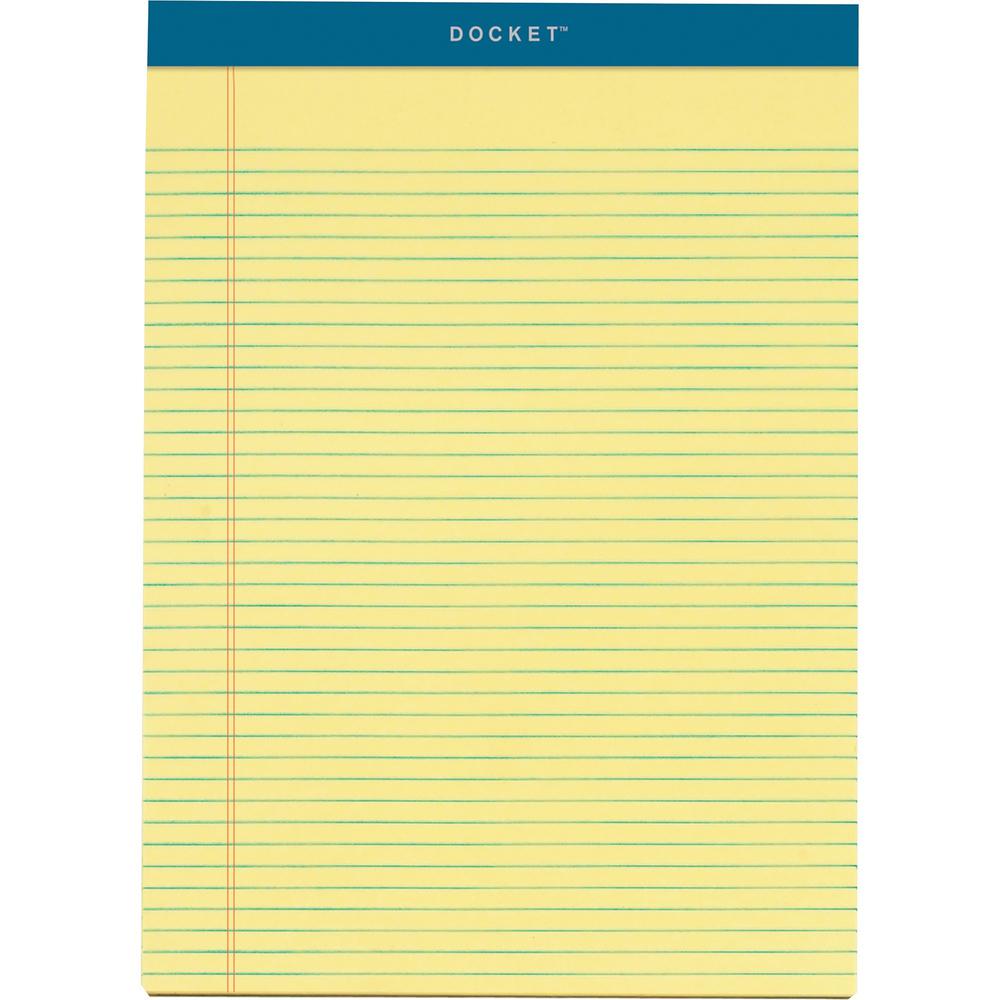 TOPS Letr-Trim Perforated Narrow Ruled Canary Legal Pads - 100 Sheets - Double Stitched - 0.25" Ruled - 16 lb Basis Weight - 8 1/2" x 11 3/4" Sheet Size - Canary Paper - Marble Green Binding - Perfora. Picture 1