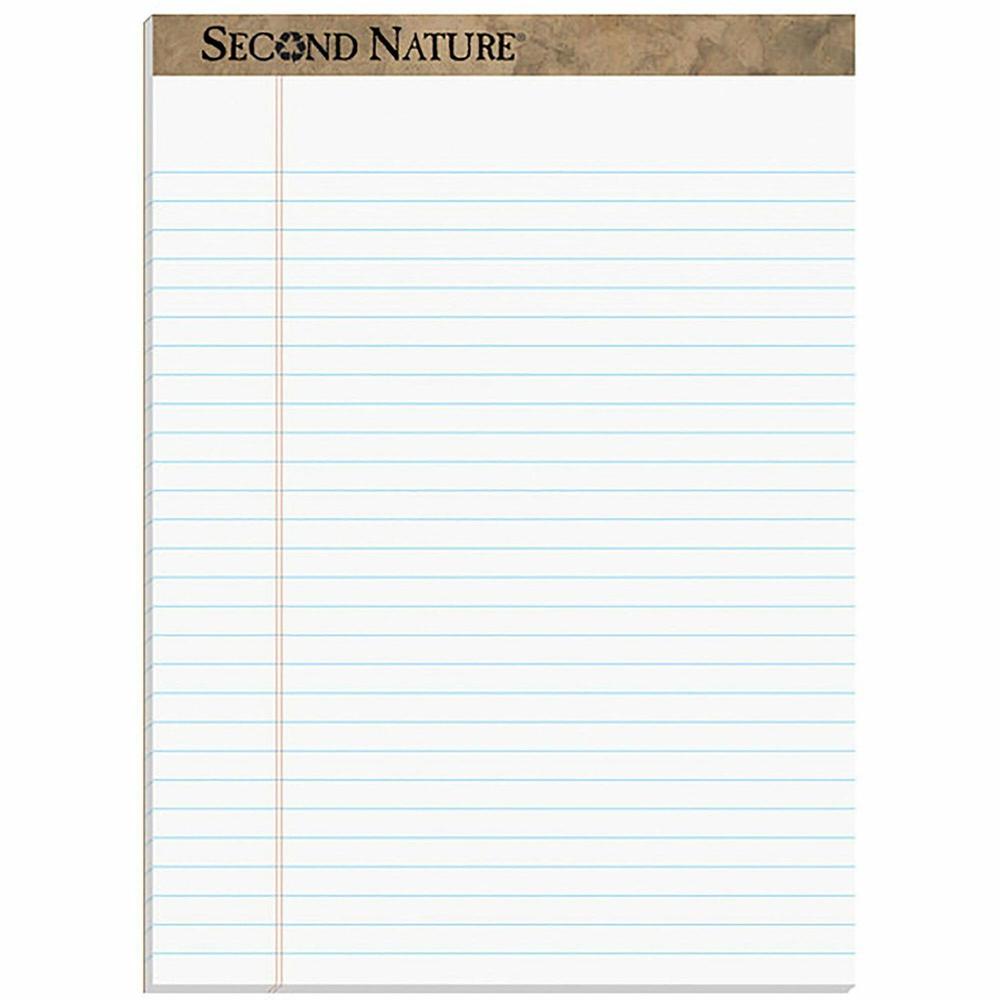 TOPS Second Nature Legal Rule Recycled Writing Pad - 50 Sheets - 0.34" Ruled - Red Margin - 15 lb Basis Weight - 8 1/2" x 11 3/4" Sheet Size - White Paper - Perforated, Resist Bleed-through, Easy Tear. Picture 1