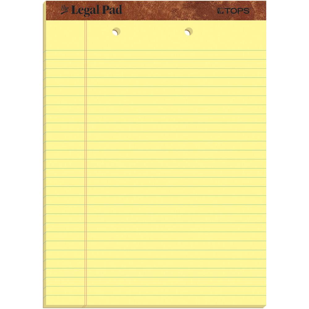 TOPS 2-Hole Top Punched Legal Pad - 50 Sheets - Double Stitched - 0.34" Ruled - 16 lb Basis Weight - 8 1/2" x 11 3/4" - Canary Paper - Perforated, Punched, Hard Cover, Heavyweight - 1 Dozen. Picture 1