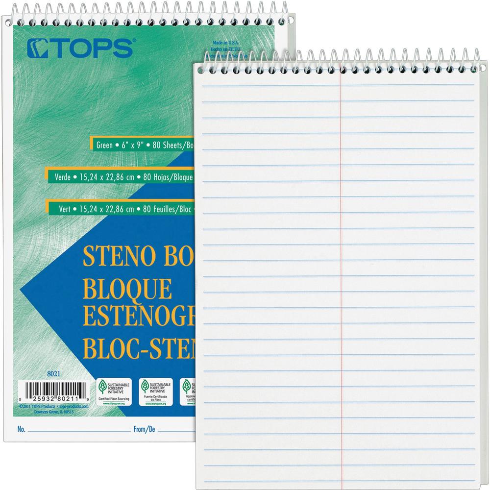 TOPS Steno Books - 80 Sheets - Wire Bound - Gregg Ruled Margin - 6" x 9" Sheet Size - White Paper - Hardboard Cover - WireLock - 12 / Pack. Picture 1