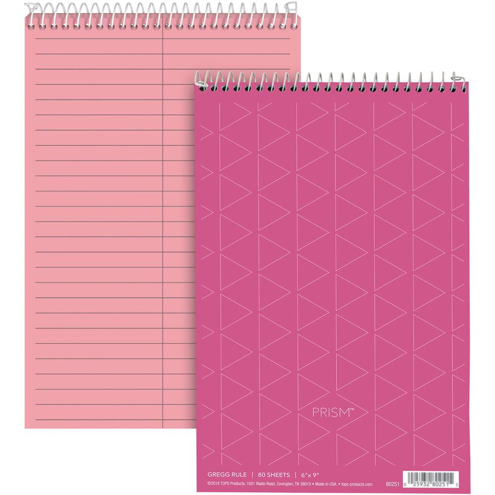 TOPS Prism Steno Books - 80 Sheets - Wire Bound - Gregg Ruled Margin - 6" x 9" Sheet Size - Pink Paper - Perforated, Stiff-back, WireLock - 4 / Pack. Picture 1