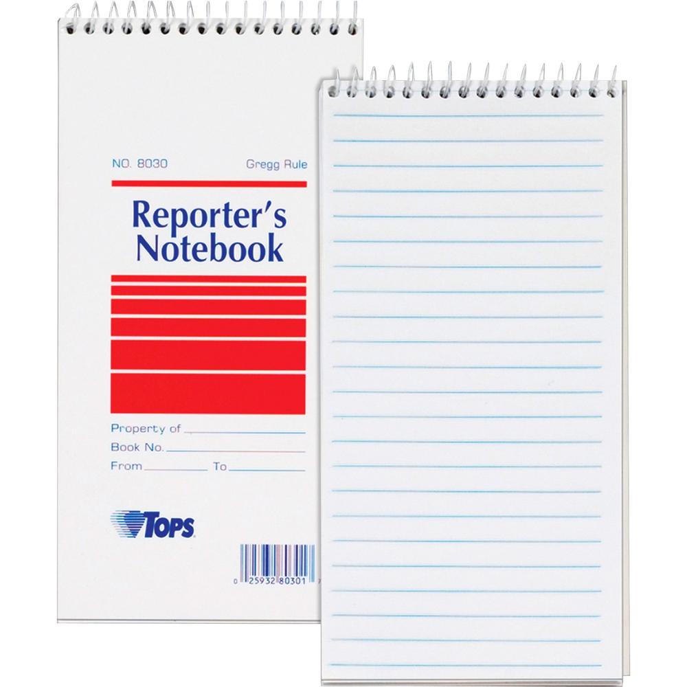 TOPS Reporter's Notebooks - 70 Sheets - Spiral - Gregg Ruled Margin - 4" x 8" - White Paper - Pocket - 12 / Pack. Picture 1