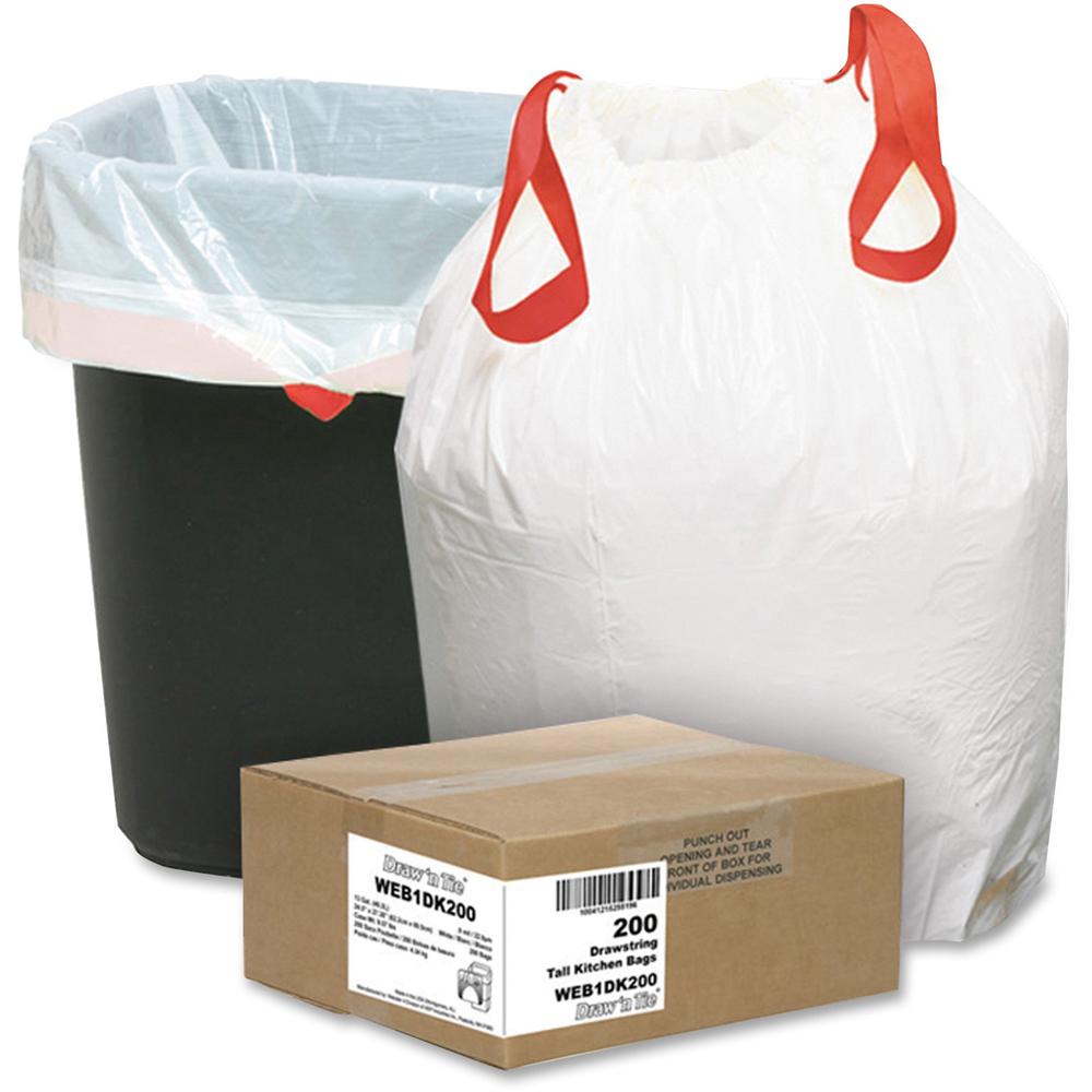 Berry 13 Gallon Drawstring Trash Bags - Small Size - 13 gal Capacity - 27.38" Length x 24.50" Width x 0.90 mil (23 Micron) Thickness - White - Resin - 1 Carton. Picture 1