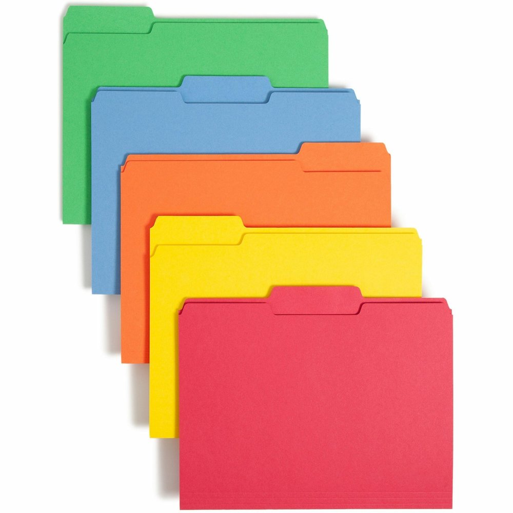 Smead 1/3 Tab Cut Letter Recycled Top Tab File Folder - 8 1/2" x 11" - 3/4" Expansion - Top Tab Location - Assorted Tab Position - 11 pt. - 1 Plys - Blue, Green, Orange, Red, Yellow - Rounded Corner -. Picture 1