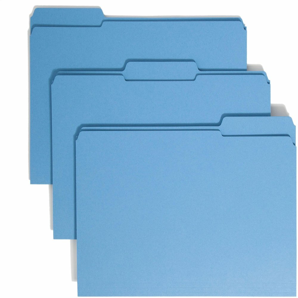 Smead Colored 1/3 Tab Cut Letter Recycled Top Tab File Folder - 8 1/2" x 11" - 3/4" Expansion - Top Tab Location - Assorted Tab Position - 11 pt. - 2 Plys - Blue - 10% Recycled - 100 / Box. Picture 1