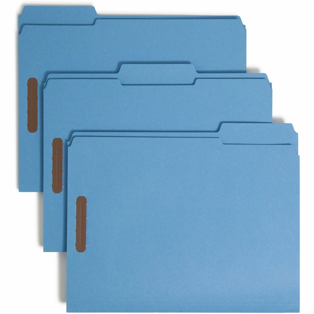 Smead Colored 1/3 Tab Cut Letter Recycled Fastener Folder - 8 1/2" x 11" - 3/4" Expansion - 2 x 2K Fastener - 2" for Folder - Top Tab Location - Assorted Tab Position - 11 pt. - 2 Plys - Blue - Reinfo. Picture 1