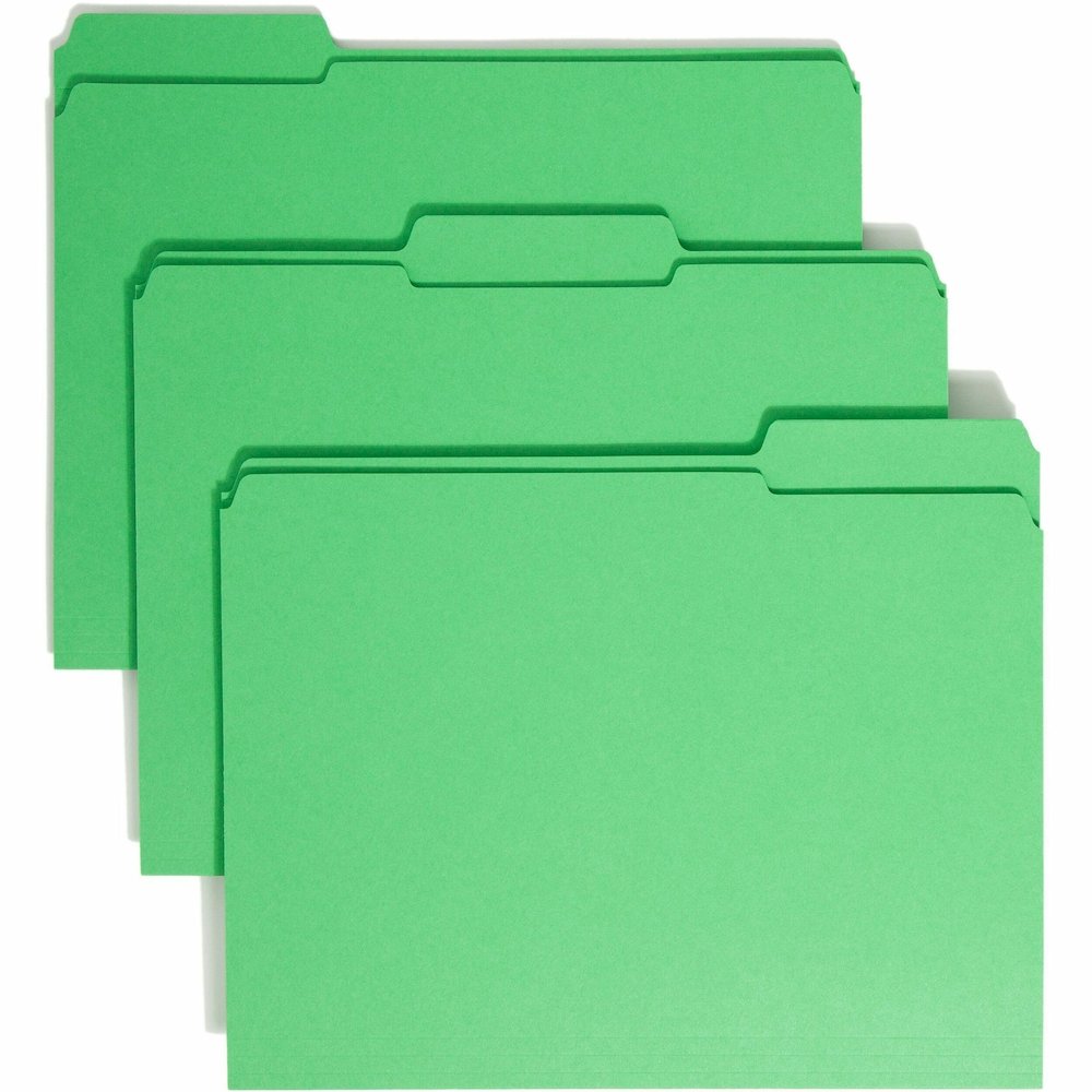 Smead Colored 1/3 Tab Cut Letter Recycled Top Tab File Folder - 8 1/2" x 11" - 3/4" Expansion - Top Tab Location - Assorted Tab Position - 11 pt. - 2 Plys - Green - 10% Recycled - 100 / Box. Picture 1