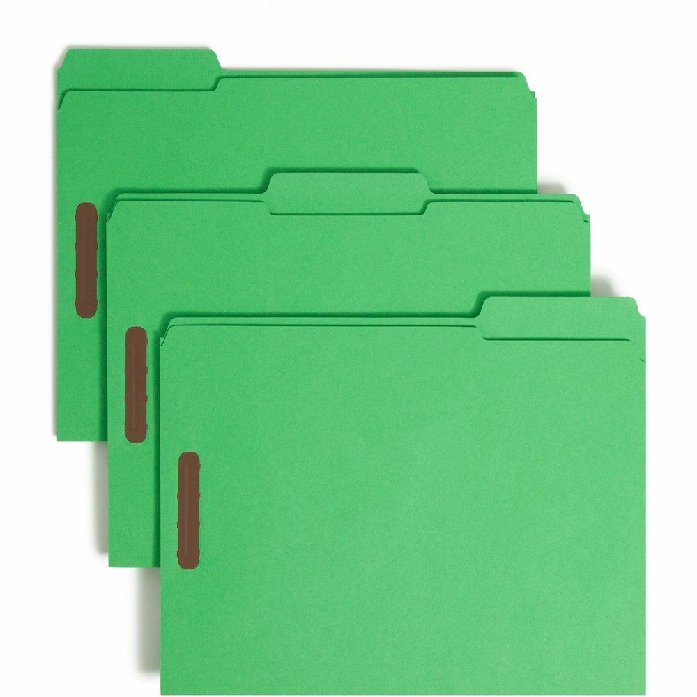 Smead Colored 1/3 Tab Cut Letter Recycled Fastener Folder - 8 1/2" x 11" - 3/4" Expansion - 2 x 2K Fastener - 2" for Folder - Top Tab Location - Assorted Tab Position - 11 pt. - 2 Plys - Green - Reinf. Picture 1