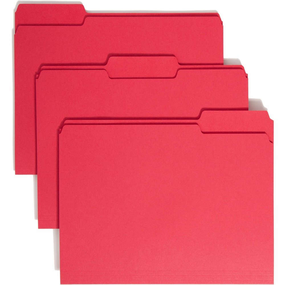 Smead 1/3 Tab Cut Letter Recycled Top Tab File Folder - 8 1/2" x 11" - 3/4" Expansion - Top Tab Location - Assorted Tab Position - 11 pt. - 1 Plys - Red - Rounded Corner - 10% Recycled - 100 / Box. Picture 1