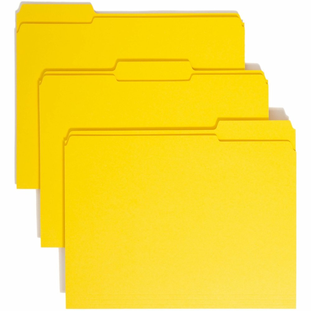 Smead Colored 1/3 Tab Cut Letter Recycled Top Tab File Folder - 8 1/2" x 11" - Top Tab Location - Assorted Tab Position - 11 pt. - 2 Plys - Yellow - 10% Recycled - 100 / Box. Picture 1
