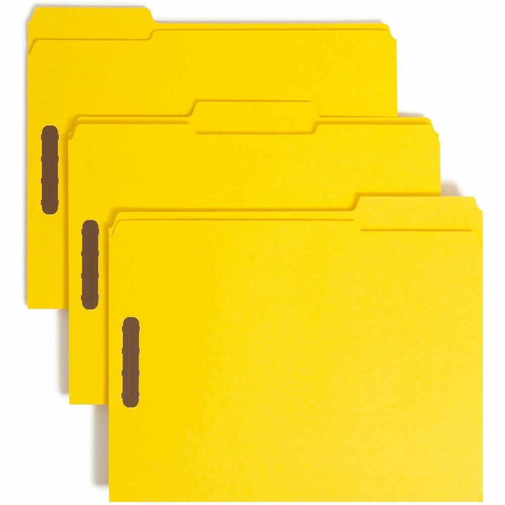 Smead Colored 1/3 Tab Cut Letter Recycled Fastener Folder - 8 1/2" x 11" - 3/4" Expansion - 2 x 2K Fastener - 2" for Folder - Top Tab Location - Assorted Tab Position - 11 pt. - 2 Plys - Yellow - Rein. Picture 1