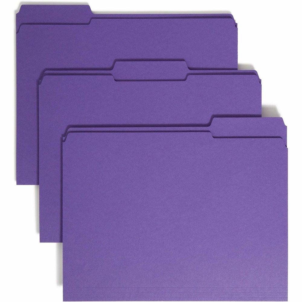 Smead Colored 1/3 Tab Cut Letter Recycled Top Tab File Folder - 8 1/2" x 11" - 3/4" Expansion - Top Tab Location - Assorted Tab Position - 11 pt. - 2 Plys - Purple - 10% Recycled - 100 / Box. Picture 1