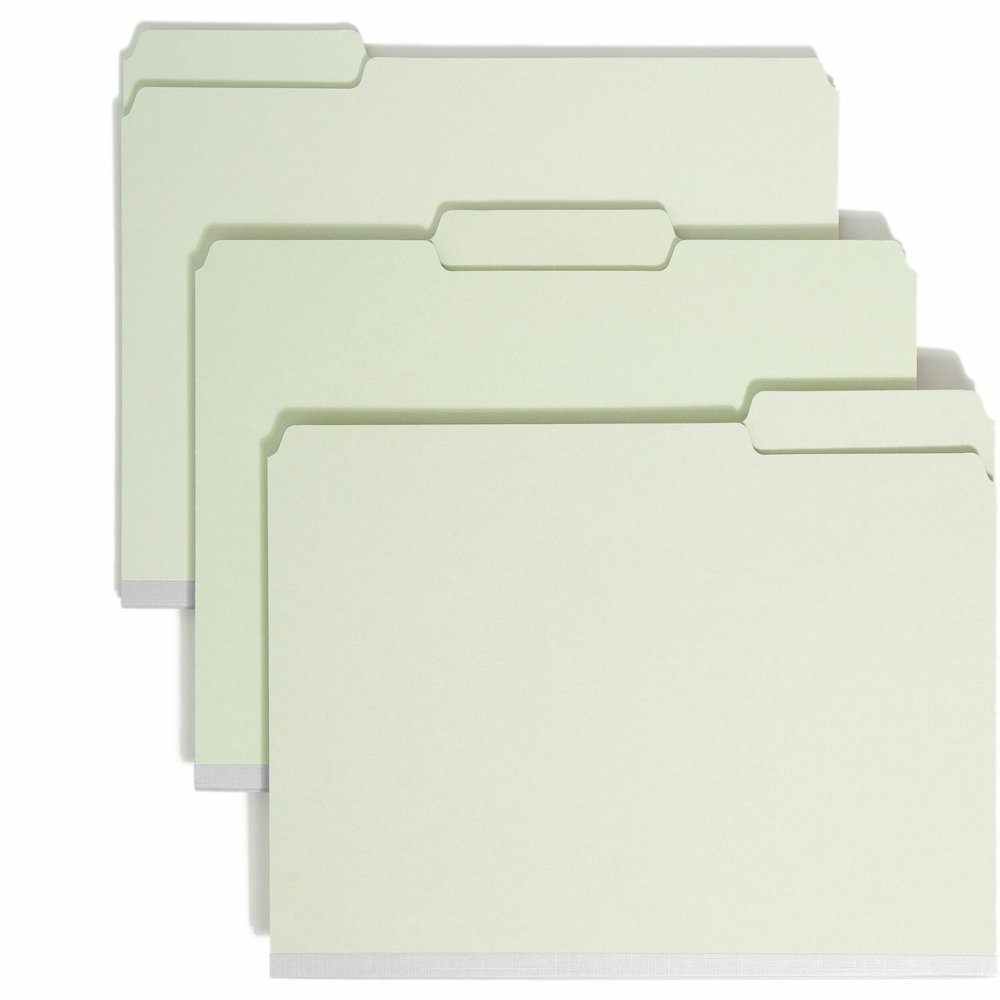 Smead 1/3 Tab Cut Letter Recycled Top Tab File Folder - 8 1/2" x 11" - 2" Expansion - Top Tab Location - Assorted Tab Position - 25 pt. - Pressboard - Gray/Green - Heavy Duty, Rounded Corner, Wear Res. Picture 1