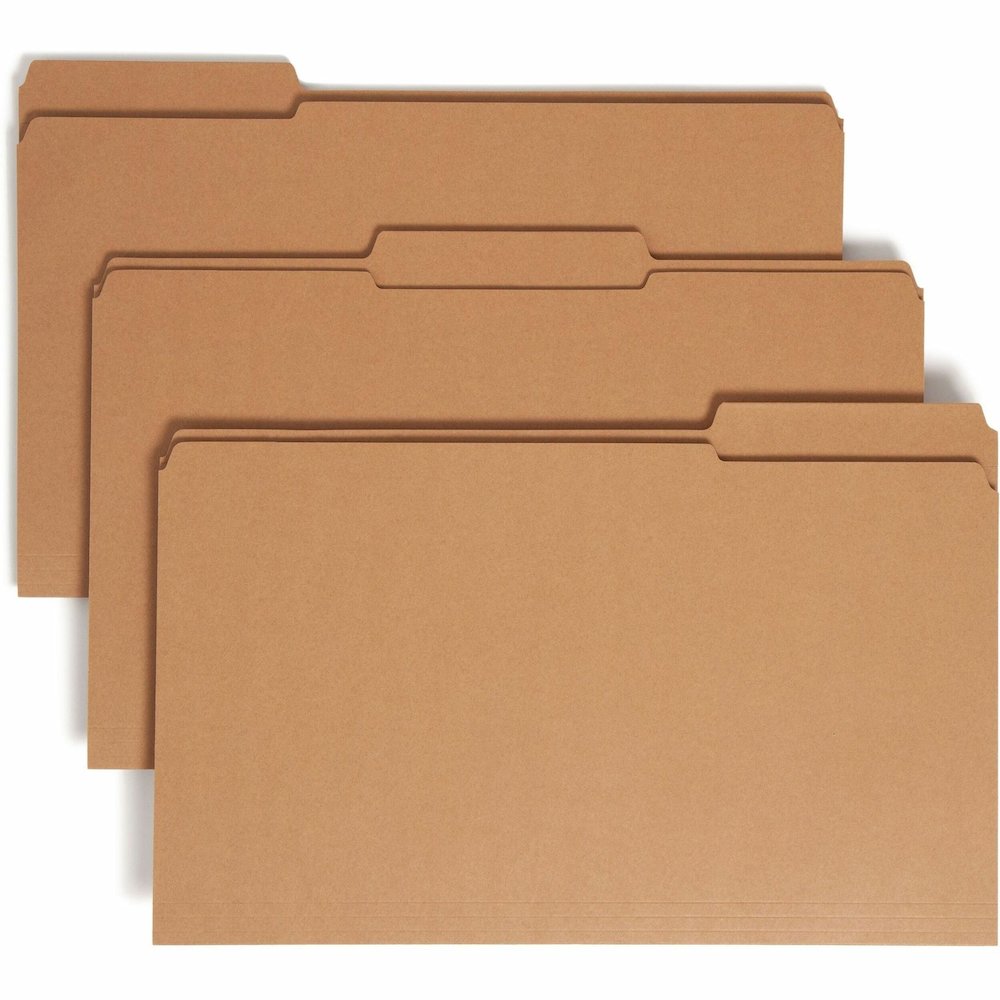Smead 1/3 Tab Cut Legal Recycled Top Tab File Folder - 8 1/2" x 14" - 3/4" Expansion - Assorted Tab Position - 11 pt. - 2 Plys - Kraft - Reinforced - 10% Recycled - 100 / Box. Picture 1