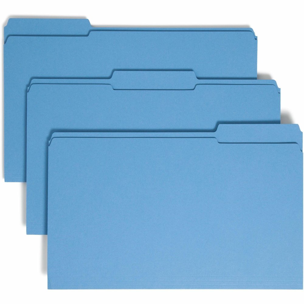 Smead Colored 1/3 Tab Cut Legal Recycled Top Tab File Folder - 8 1/2" x 14" - 3/4" Expansion - Top Tab Location - Assorted Tab Position - 11 pt. - 2 Plys - Blue - Reinforced - 10% Recycled - 100 / Box. Picture 1