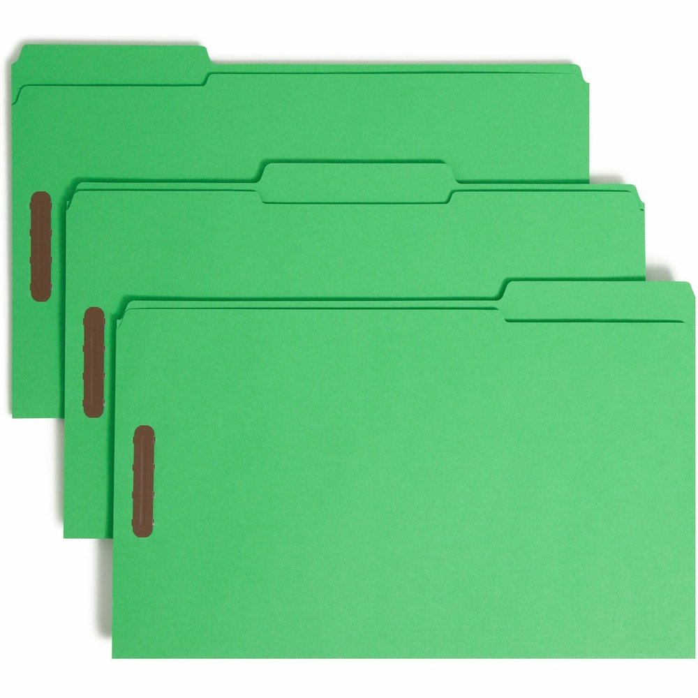 Smead Colored 1/3 Tab Cut Legal Recycled Fastener Folder - 8 1/2" x 14" - 3/4" Expansion - 2 x 2K Fastener - 2" for Folder - Top Tab Location - Assorted Tab Position - 11 pt. - 2 Plys - Green - Reinfo. Picture 1