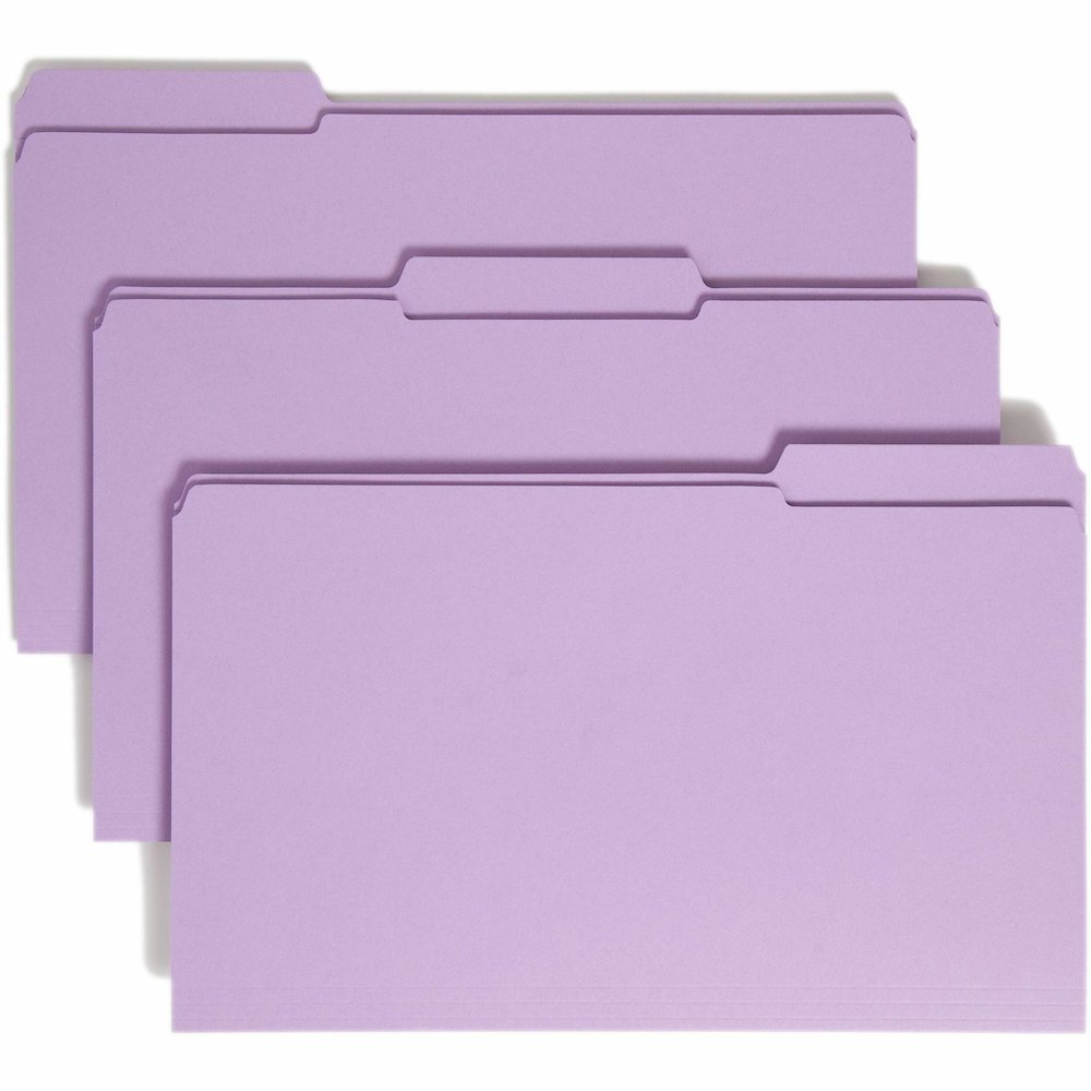 Smead Colored 1/3 Tab Cut Legal Recycled Top Tab File Folder - 8 1/2" x 14" - 3/4" Expansion - Top Tab Location - Assorted Tab Position - 11 pt. - 2 Plys - Lavender - 10% Recycled - 100 / Box. Picture 1