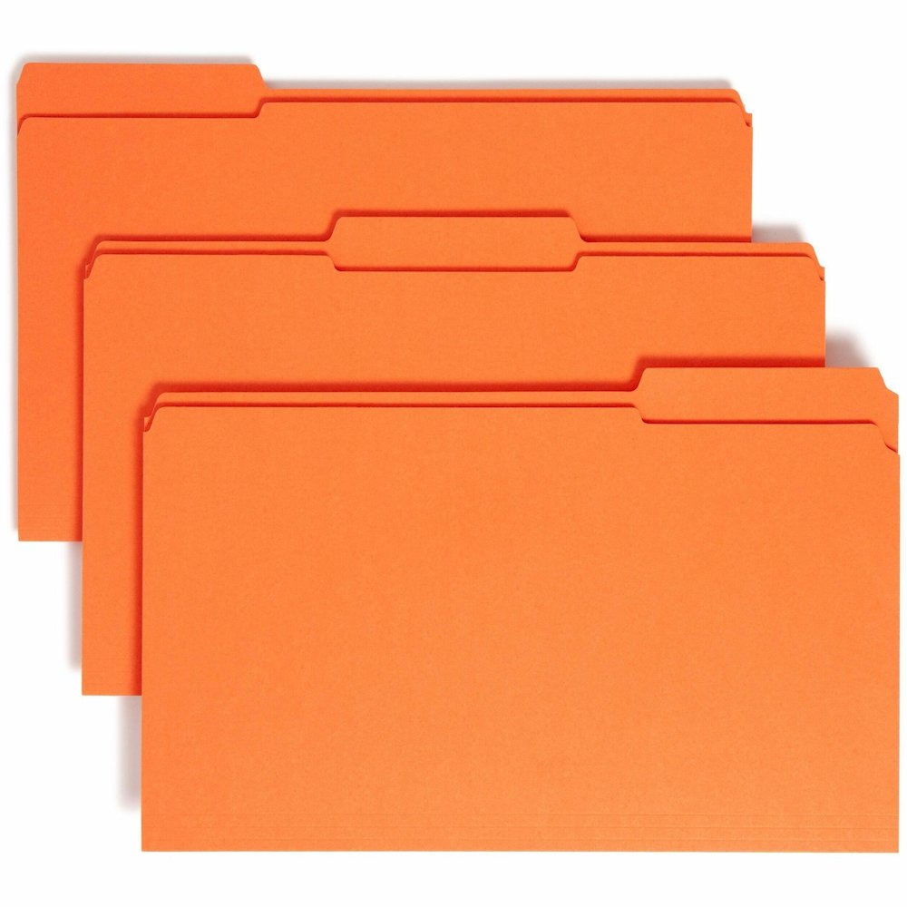 Smead Colored 1/3 Tab Cut Legal Recycled Top Tab File Folder - 8 1/2" x 14" - 3/4" Expansion - Top Tab Location - Assorted Tab Position - 11 pt. - 2 Plys - Orange - 10% Recycled - 100 / Box. Picture 1