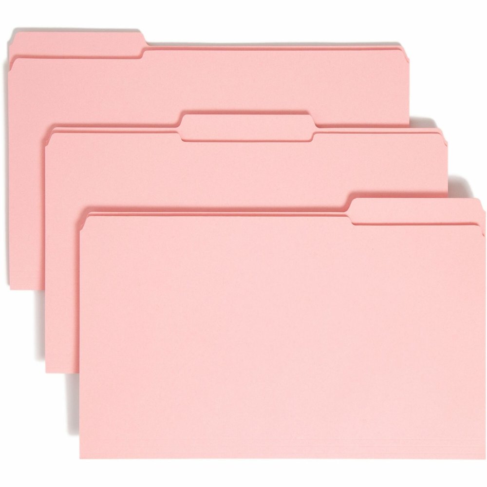 Smead Colored 1/3 Tab Cut Legal Recycled Top Tab File Folder - 8 1/2" x 14" - 3/4" Expansion - Top Tab Location - Assorted Tab Position - 11 pt. - 2 Plys - Pink - 10% Recycled - 100 / Box. Picture 1