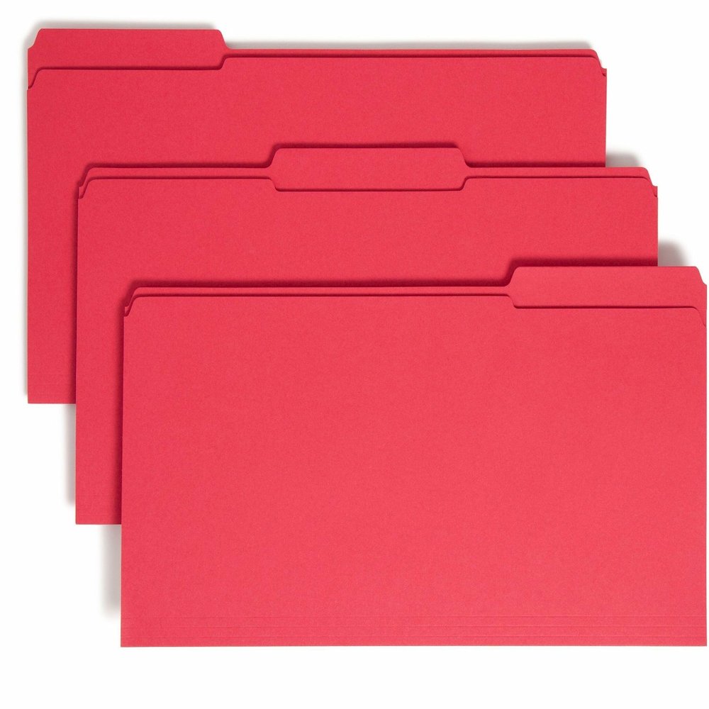 Smead Colored 1/3 Tab Cut Legal Recycled Top Tab File Folder - 8 1/2" x 14" - 3/4" Expansion - Top Tab Location - Assorted Tab Position - 11 pt. - 2 Plys - Red - 10% Recycled - 100 / Box. Picture 1