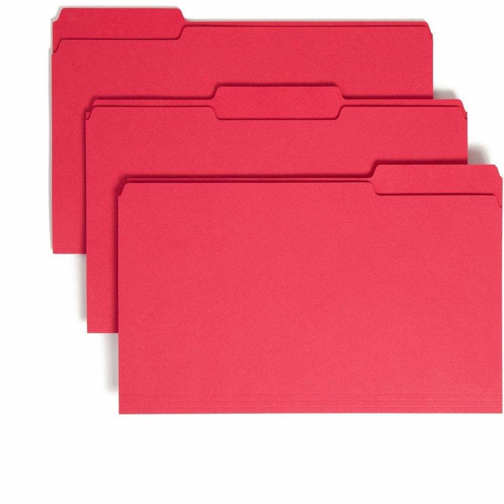 Smead Colored 1/3 Tab Cut Legal Recycled Top Tab File Folder - 8 1/2" x 14" - 3/4" Expansion - Top Tab Location - Assorted Tab Position - 11 pt. - 1 Plys - Red - Rounded Corner - 10% Recycled - 100 / . Picture 1