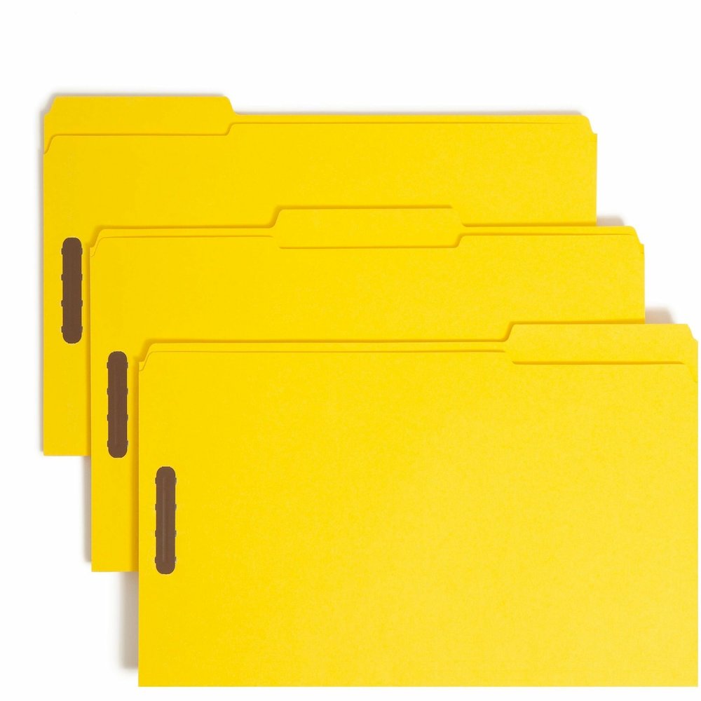 Smead Colored 1/3 Tab Cut Legal Recycled Fastener Folder - 8 1/2" x 14" - 2 x 2K Fastener - 2" for Folder - Top Tab Location - Assorted Tab Position - 11 pt. - 2 Plys - Yellow - Reinforced Tab - 10% R. Picture 1
