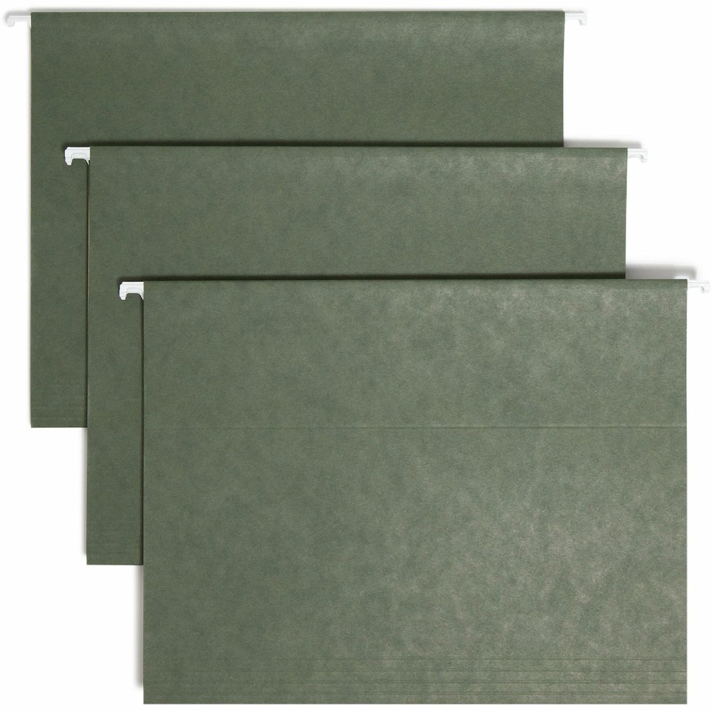 Smead 1/3 Tab Cut Letter Recycled Hanging Folder - 8 1/2" x 11" - Top Tab Location - Assorted Tab Position - 11 pt. - Vinyl - Standard Green - 10% Recycled - 25 / Box. Picture 1