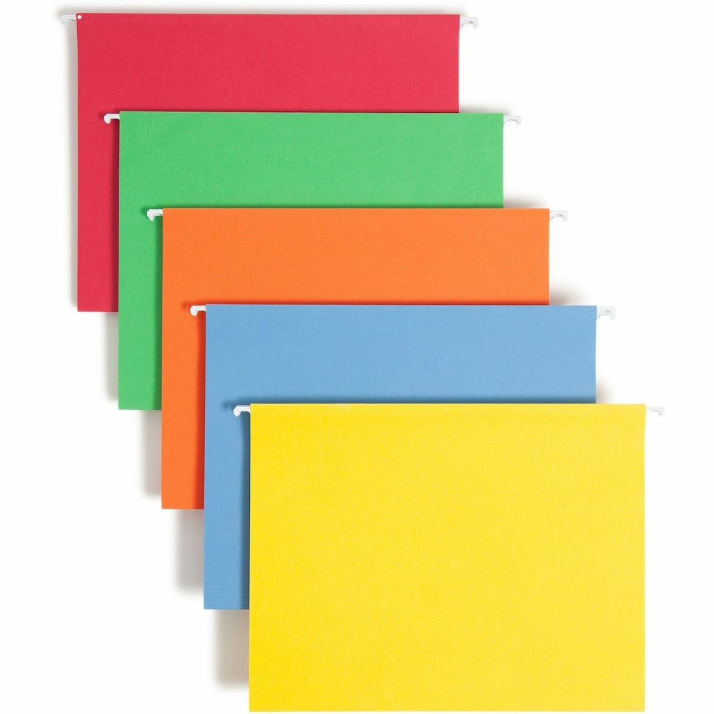 Smead Colored 1/5 Tab Cut Letter Recycled Hanging Folder - 8 1/2" x 11" - Top Tab Location - Assorted Tab Position - 11 pt. - Vinyl - Blue, Green, Orange, Red, Yellow - 10% Recycled - 25 / Box. Picture 1