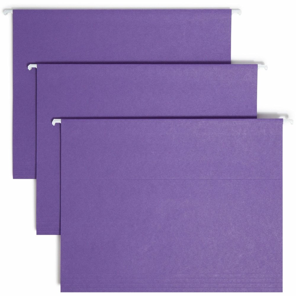 Smead 1/5 Tab Cut Letter Recycled Hanging Folder - 8 1/2" x 11" - Top Tab Location - Assorted Tab Position - 11 pt. - Vinyl - Purple - Hanging System - 10% Recycled - 25 / Box. Picture 1
