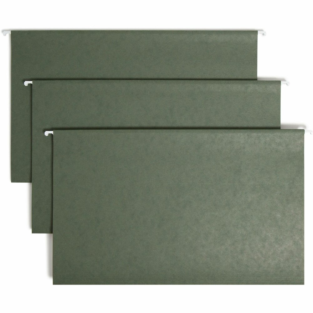 Smead 1/3 Tab Cut Legal Recycled Hanging Folder - 8 1/2" x 14" - Top Tab Location - Assorted Tab Position - 11 pt. - Vinyl - Standard Green - 10% Recycled - 25 / Box. Picture 1