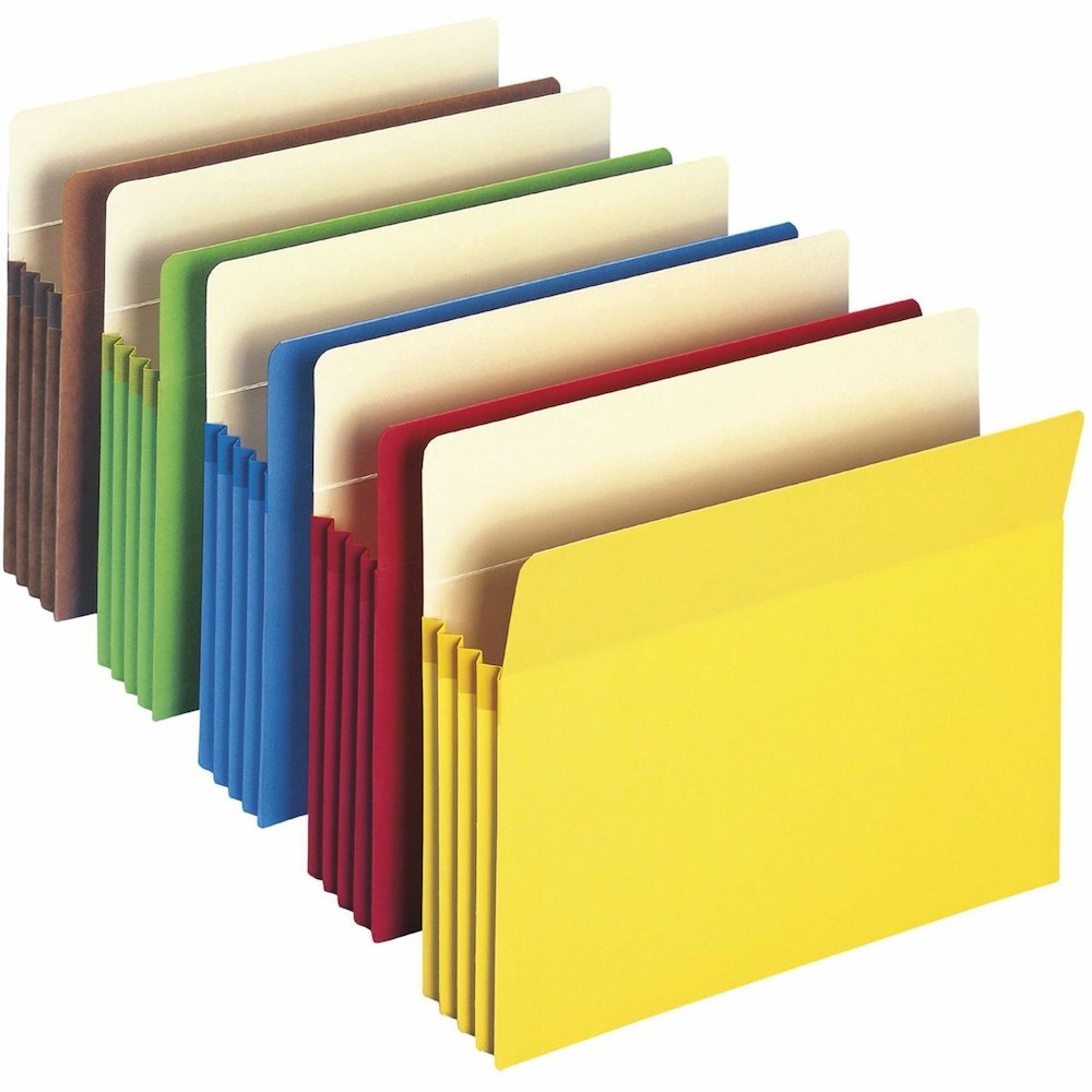 Smead Straight Tab Cut Letter Recycled File Pocket - 8 1/2" x 11" - 3 1/2" Expansion - Top Tab Location - Yellow, Green, Red, Blue, Redrope - Tear Resistant - 10% Recycled - 25 / Box. Picture 1