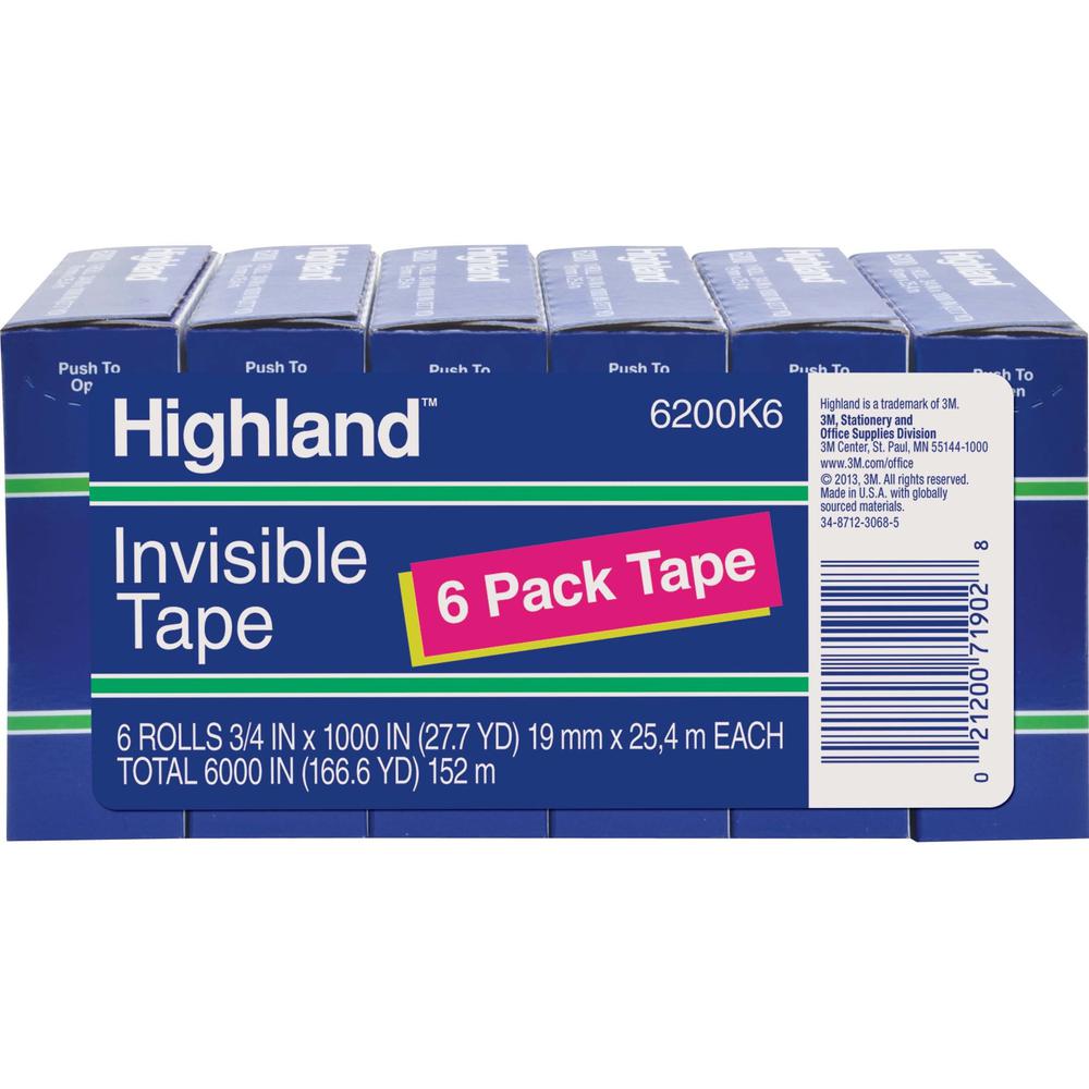 Highland 3/4"W Matte-finish Invisible Tape - 27.78 yd Length x 0.75" Width - 1" Core - Matte - Clear - For Mending, Holding, Splicing - 1 Pack. Picture 1
