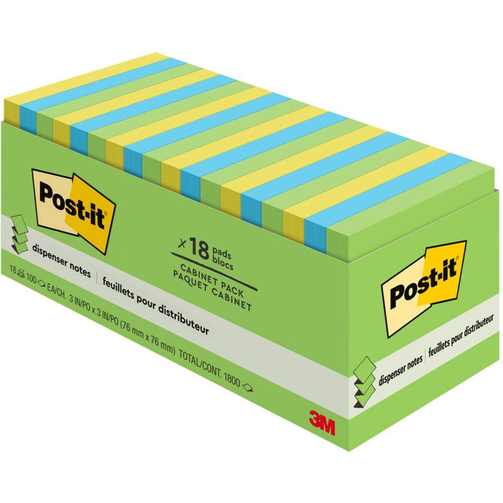 Post-it&reg; Dispenser Notes - Floral Fantasy Color Collection - 1800 - 3" x 3" - Square - 100 Sheets per Pad - Unruled - Limeade, Blue Paradise, Citron - Paper - Self-adhesive - 1800 / Pack. Picture 1