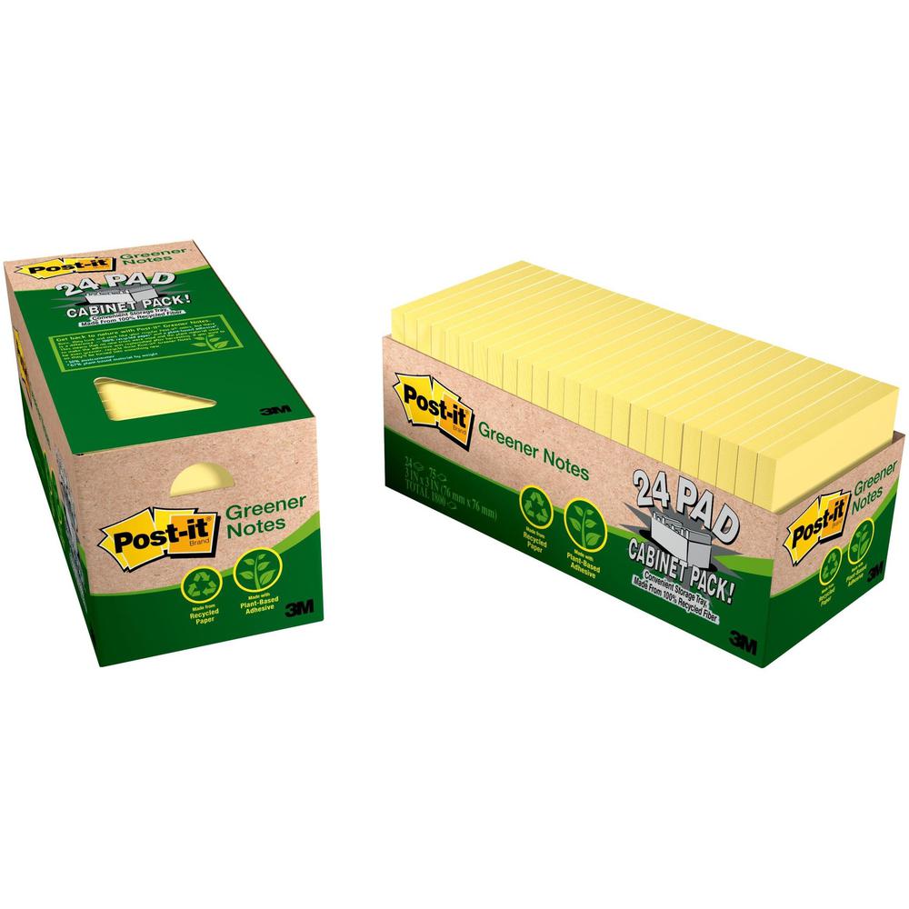 Post-it&reg; Greener Notes Cabinet Pack - 1800 - 3" x 3" - Square - 75 Sheets per Pad - Unruled - Canary Yellow - Paper - Self-adhesive, Repositionable - 24 / Pack - Recycled. Picture 1