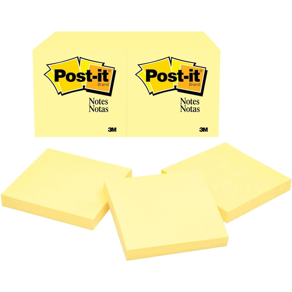Post-it&reg; Notes Original Notepads - 3" Flag/Note Width x 3" Flag/Note Length - Square - 100 Sheets per Pad - Unruled - Canary Yellow - Paper - Self-adhesive, Repositionable - 12/Pack - 2 / Bundle. Picture 1