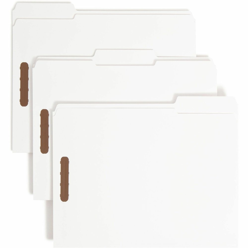 Smead 1/3 Tab Cut Letter Recycled Fastener Folder - 8 1/2" x 11" - 3/4" Expansion - 2 x Prong K Style Fastener - 2" Fastener Capacity - Assorted Tab Position - 11 pt. - White - Durable, Reinforced Tab. Picture 1