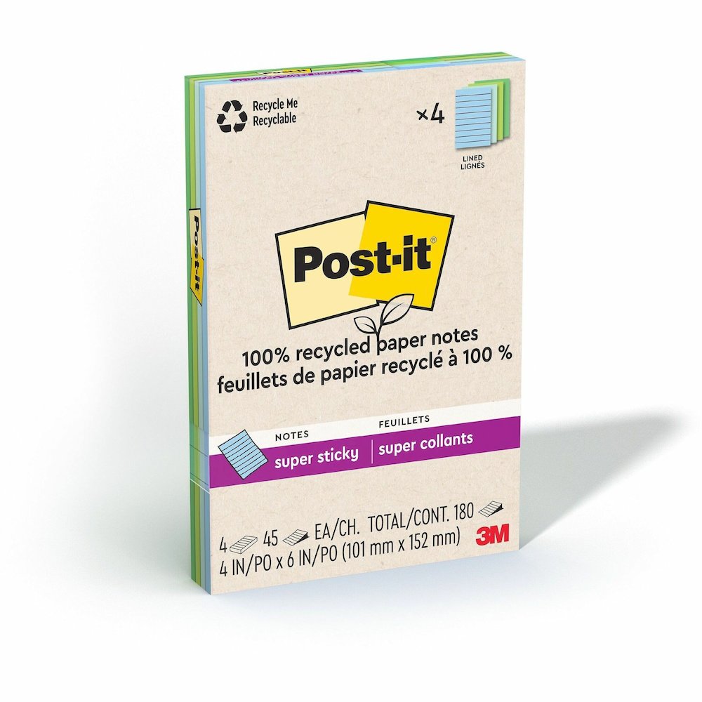 Post-it&reg; Super Sticky Adhesive Note - 180 - 4" Flag/Note Width x 6" Flag/Note Length - 45 Sheets per Pad - Assorted Oasis - Removable, Repositionable, Recyclable - Recycled - 4 / Pack. Picture 1
