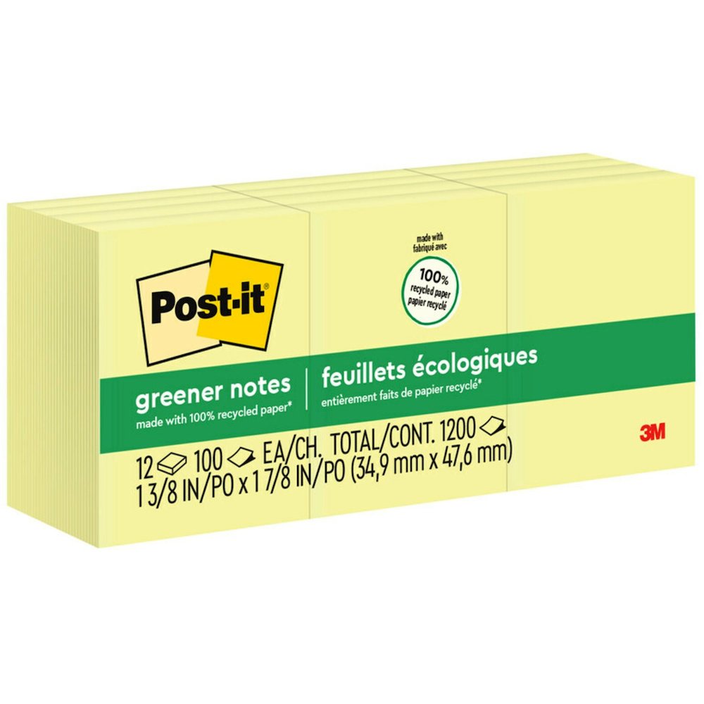 Post-it&reg; Greener Notes - 1200 - 1 1/2" Flag/Note Width x 2" Flag/Note Length - Rectangle - 100 Sheets per Pad - Unruled - Yellow - Paper - Self-adhesive, Repositionable - Recycled - 1 Pack. Picture 1