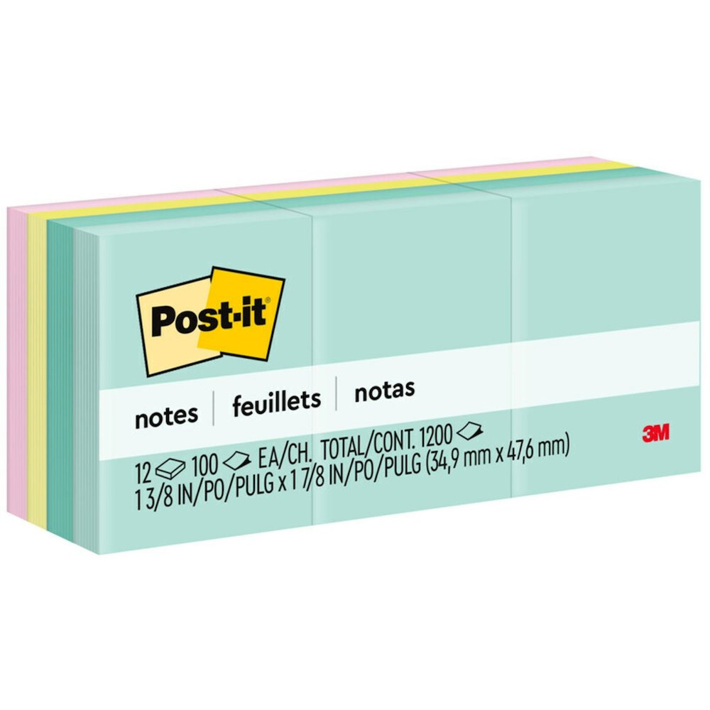 Post-it&reg; Notes - Beachside Caf&eacute; Color Collection - 1200 - 1 3/8" Flag/Note Width x 1 7/8" Flag/Note Length - Rectangle - 100 Sheets per Pad - Unruled - Fresh Mint, Aqua Splash, Sunnyside, P. Picture 1