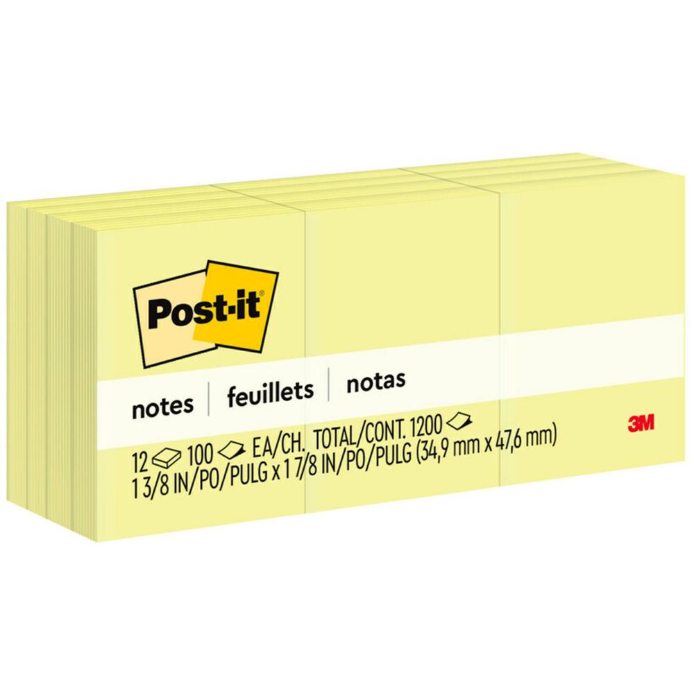 Post-it&reg; Notes Original Notepads - 1 3/8" Flag/Note Width x 1 7/8" Flag/Note Length - Rectangle - 100 Sheets per Pad - Unruled - Canary Yellow - Paper - Self-adhesive, Repositionable - 1 Pack. Picture 1