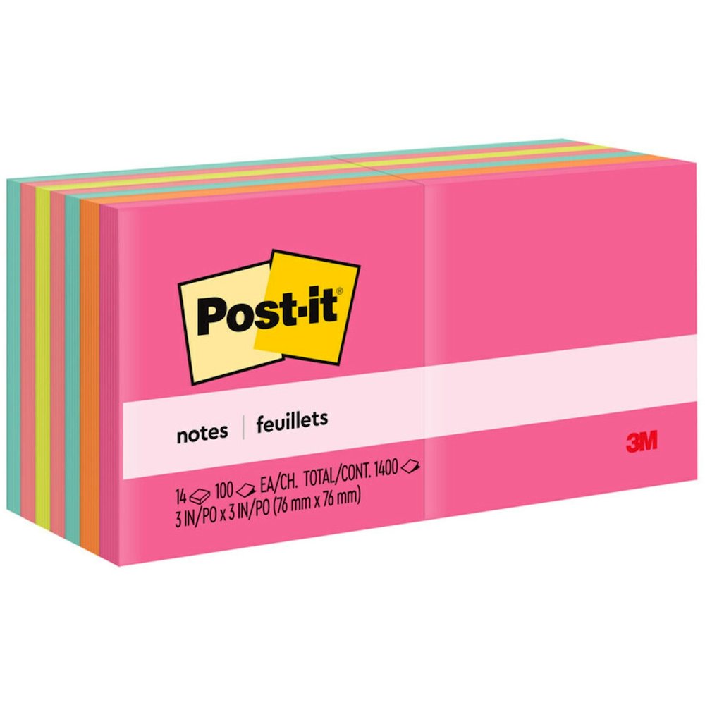 Post-it&reg; Notes - Poptimistic Color Collection - 1400 - 3" Flag/Note Width x 3" Flag/Note Length - Square - 100 Sheets per Pad - Unruled - Power Pink, Vital Orange, Aqua Splash, Guava, Acid Lime, N. Picture 1